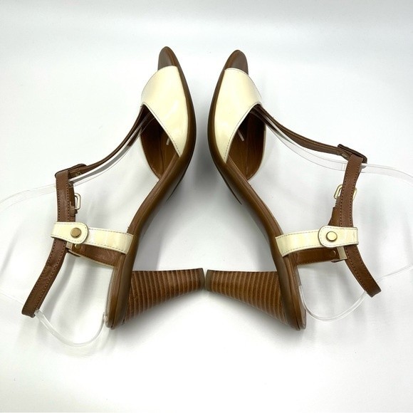 Tahari Women's Betsy Brown Cream Leather T-Strap Open Toe Sandals Heels Shoes 9 - Picture 8 of 13